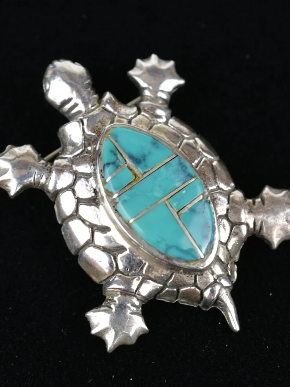 Vintage Sterling Silver Mosaic Turquoise Inlay Turtle Pin Pendant Brooch 12.6g